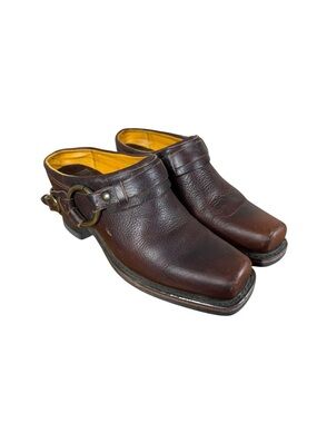 Frye Dark Brown Leather Mule Slip-Ons with Buckle Detail
